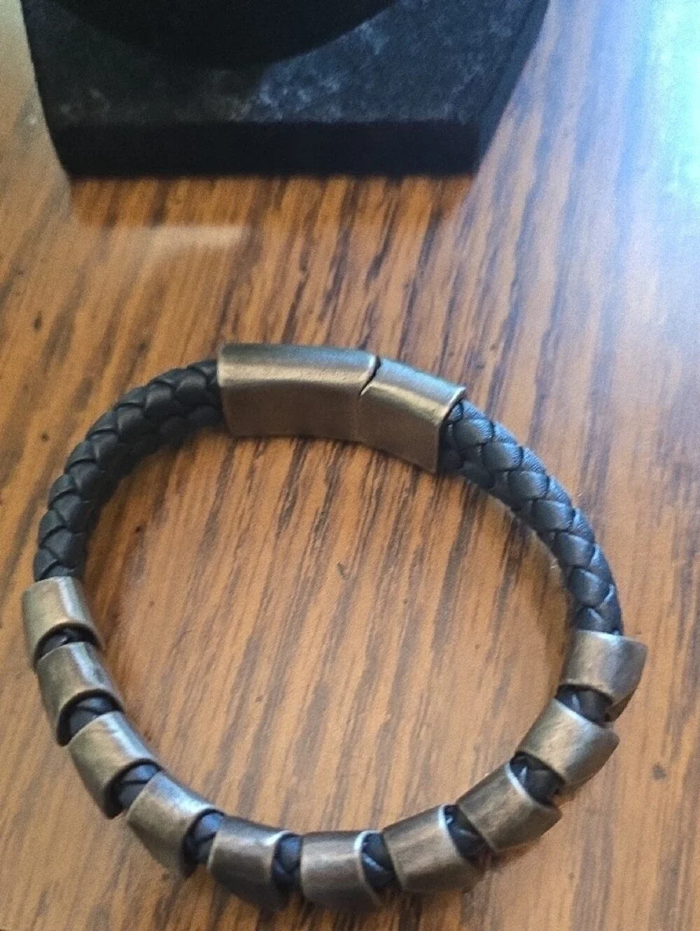 Steve Madden Braided Leather and Antiqued Metal Bead Bracelet - Black & Silver